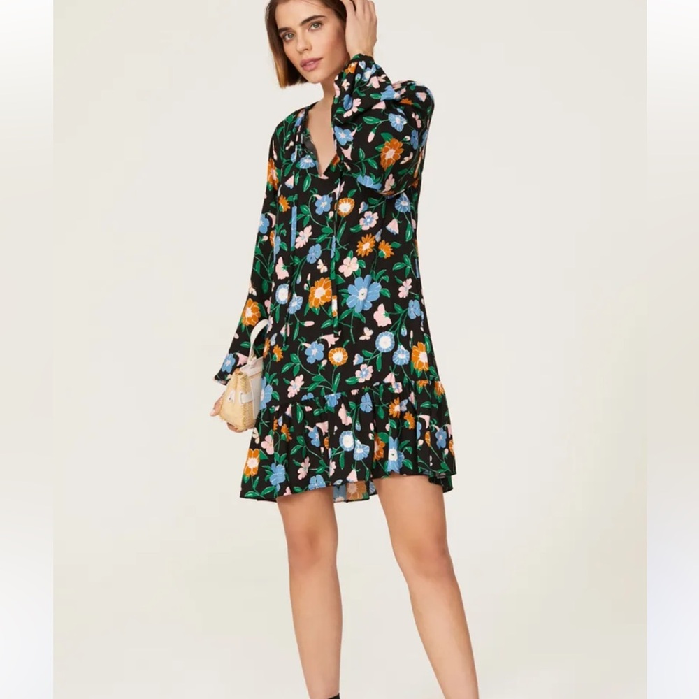 Kate Spade Black Floral Ruffle puff Sleeve Dress xs